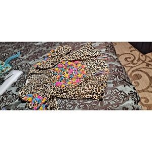 See N Be Seen Blouse Leopard Floral Colorful Embroidered Boho Top Large